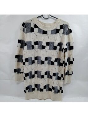 Akris Luxury 100% Cashmere Grid Jacquard Crewneck Sweater Ivory Black👝